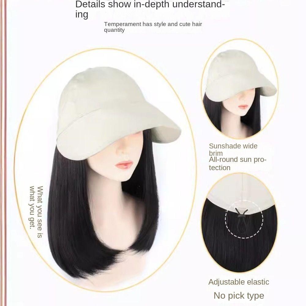 Bucket Hat Fisherman Hat with Wig Wide Brim Short Straight Hair Simple Women Sun Cap Wig  Travel