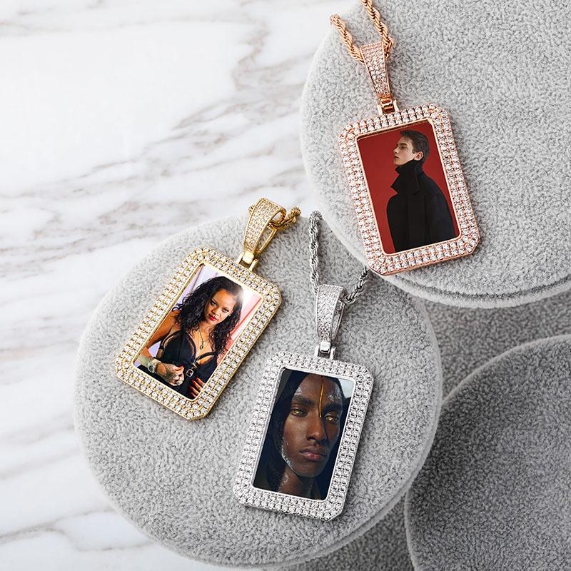 New One Custom Photo Square Medallion Pendant Iced Zircon Sublimation Hip Hop Fashion Jewelry Bling Charms Necklace-Gold Brass