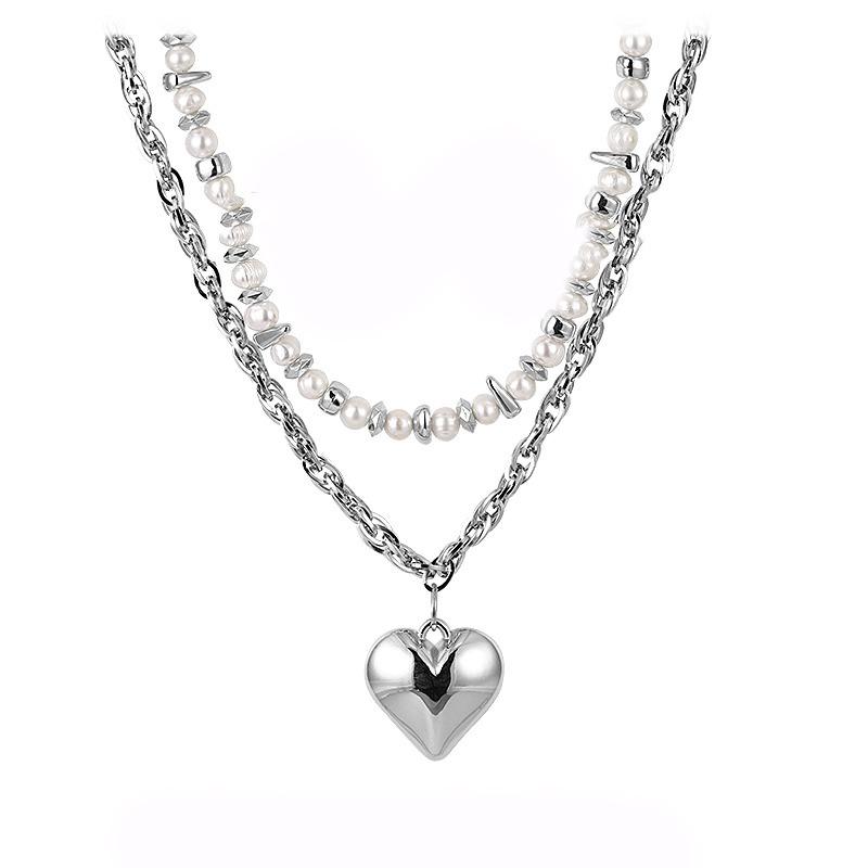Three-dimensional big love necklace pendant, freshwater pearl 1111 new double-layer stacked collarbone chain ins tide summer