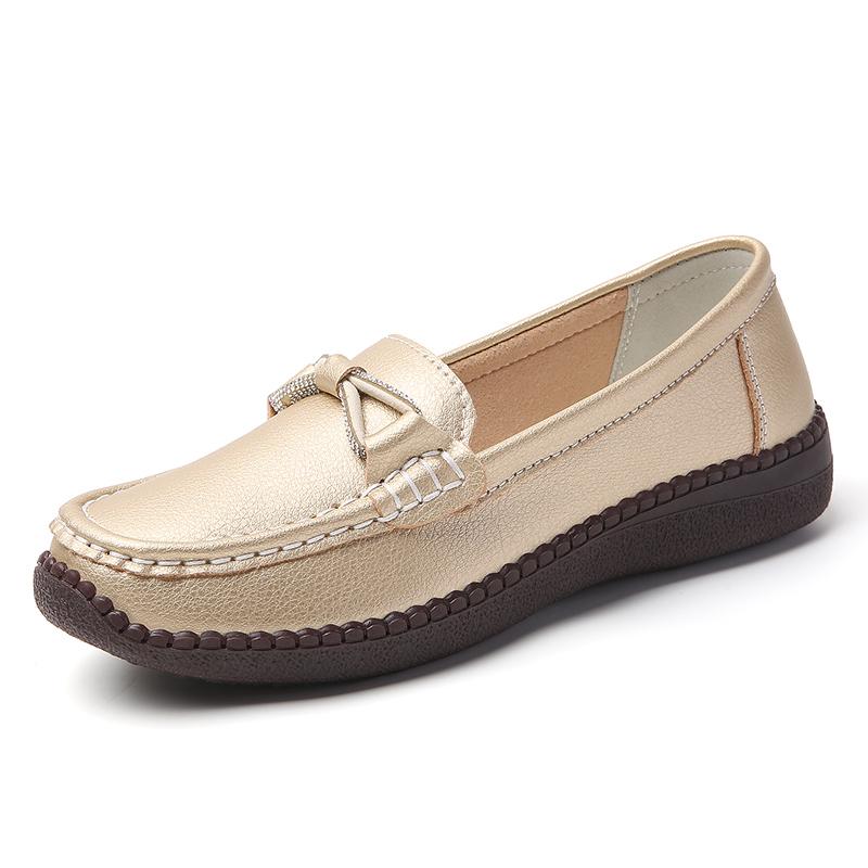 Women Simple Gold Loafers Leather Driving Moccasins Comfort Flats Black Casual Slip On Plus Size Black Shoes