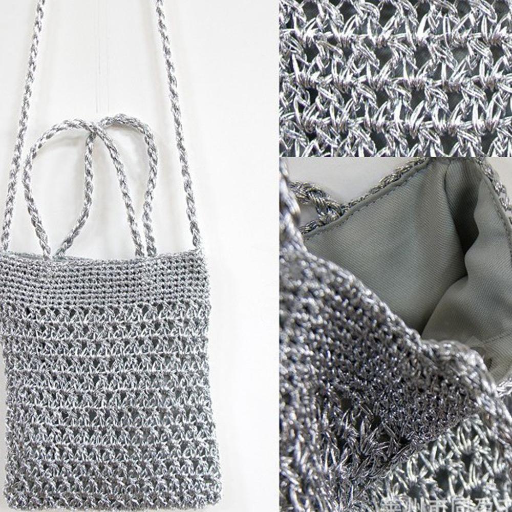 Fashion Silver Tote Women Handbags Hollow Crochet Shoulder Bag  Metical Yarn Knitting Crossbody Bags for Women Shopper Purses