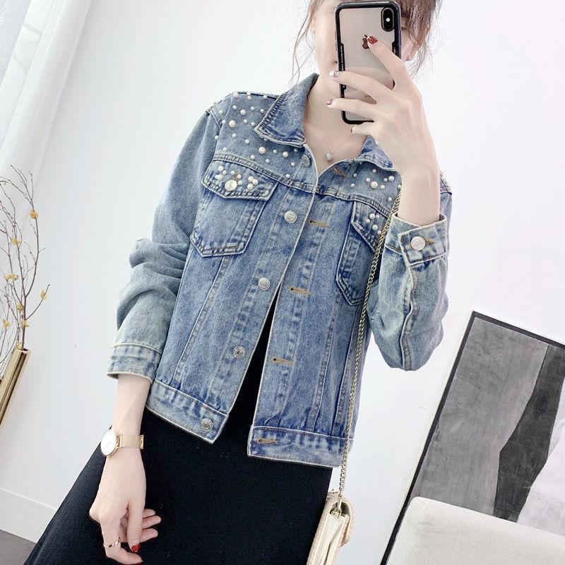 2025 Women's Plus Size Light Blue Denim Jacket with Beaded Rhinestones