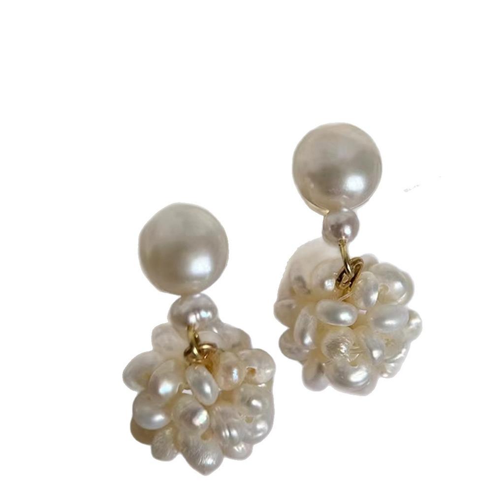 Hand-woven Flower Ball Natural Freshwater Pearl Earrings Women's French Retro High-end Temperament Fashion Stud Earrings Flower