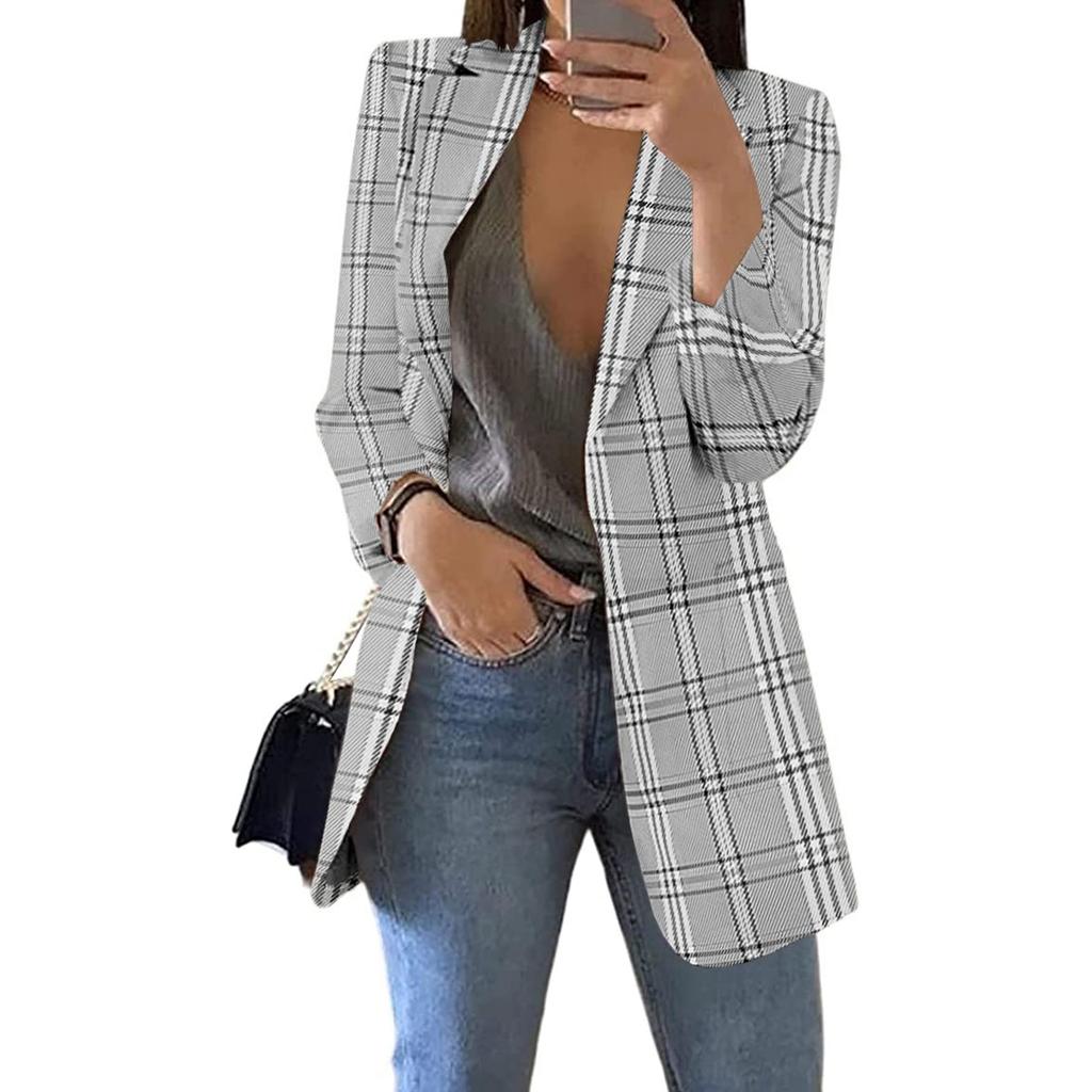 Women Lattice Open Front Pockets Cardigan Formal Suit Long Sleeve Blouse Coat
