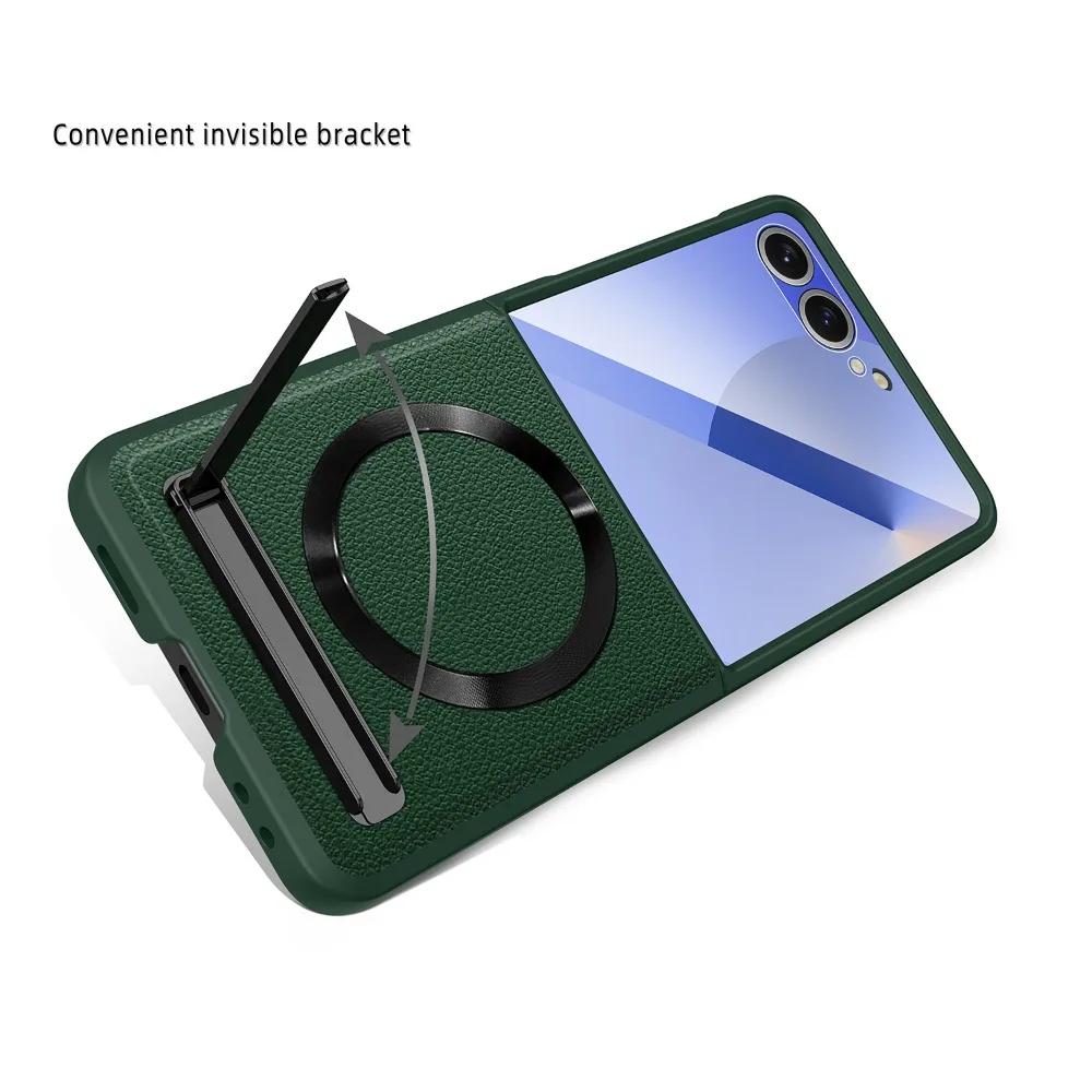 Magnetic Wireless Charging Kickstand Phone Case for Samsung Galaxy Z Flip7 FE Flip 7 6 5 Hinge Protect Glass Film Leather Cover