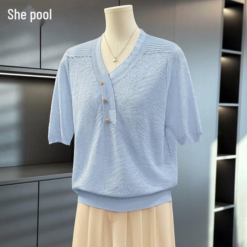 Women s V-Neck Ruffle Knit Short Sleeve T-Shirt One Size