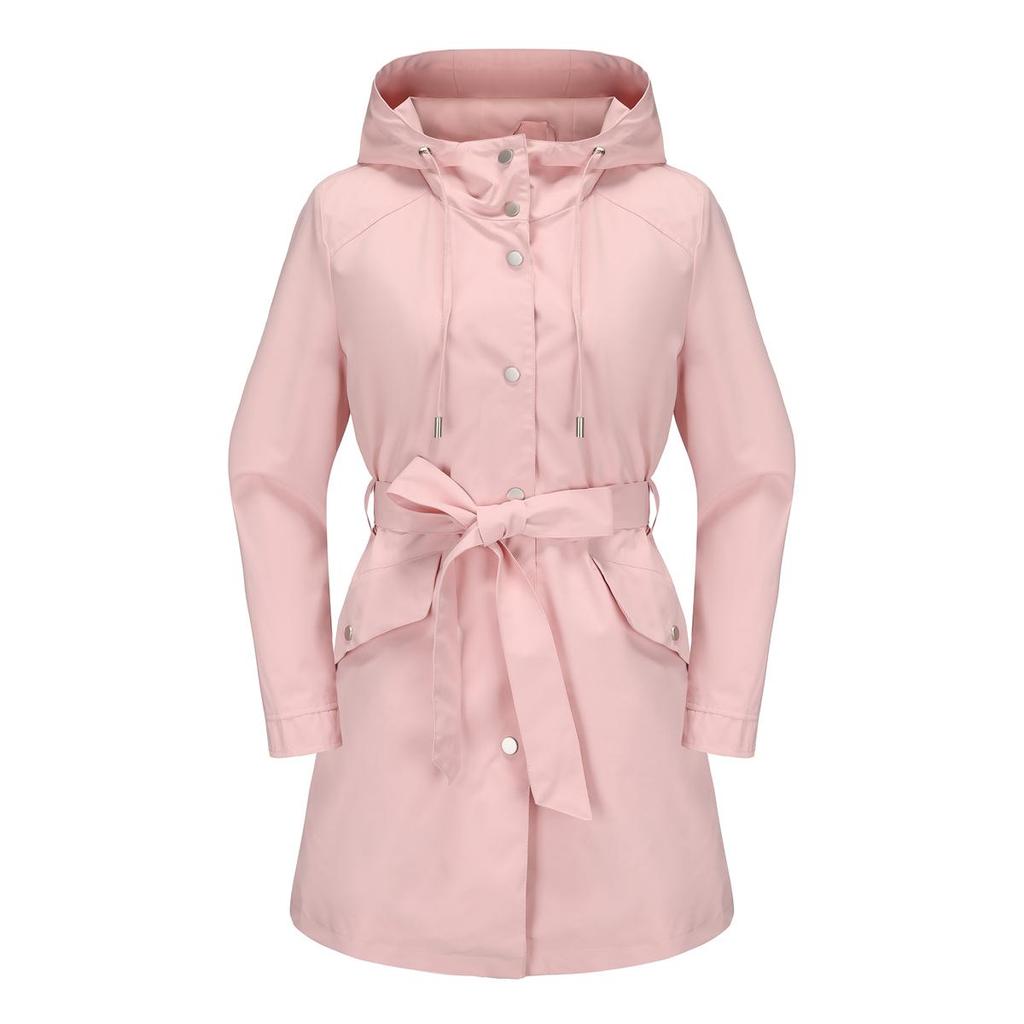 Women’s Hooded Windcheaters Polyester Waterproof Trench Coat Thin Loose Belt Button Up Windbreaker Spring Autumn Outdoor Wear Long Jackets