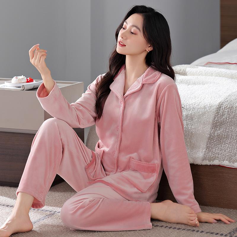 Island Fleece Winter Cardigan Pajamas Women's Thickened Lapel Skin-friendly Warm Fleece Loose Coral Fleece Loungewear Set