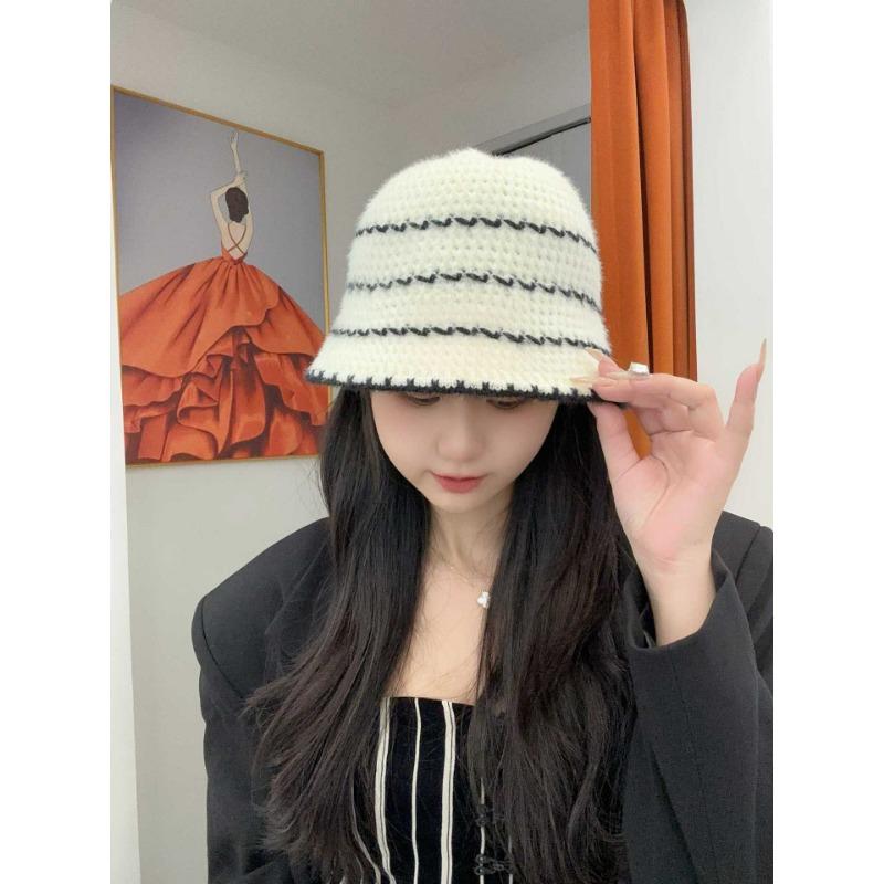 Knitted Hat Children's Autumn and Winter New Striped Lazy Wind Bucket Hat Showing Face Small Bucket Hat