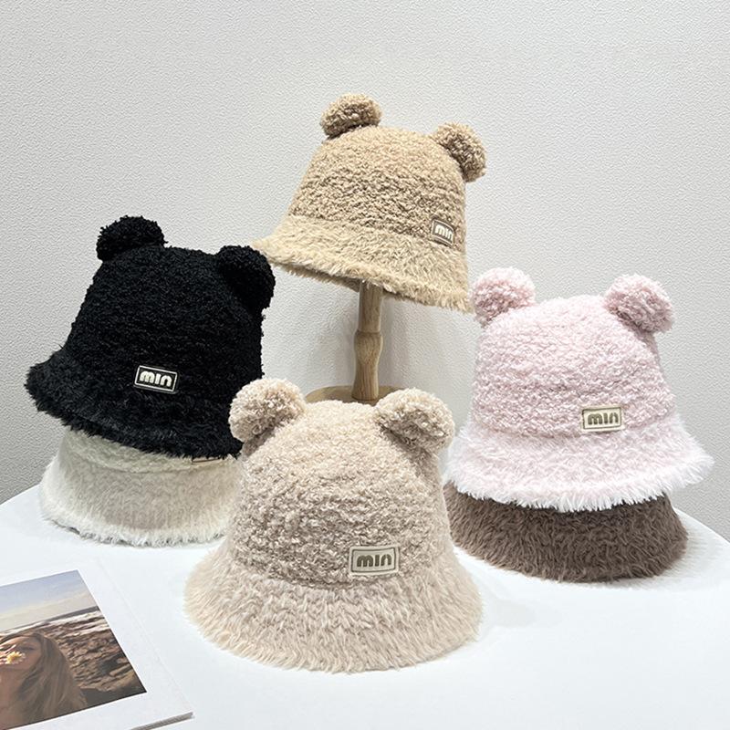 Women's Plush Hat Winter Warm Fisherman Hat Versatile Cute Little Bear Basin Hat
