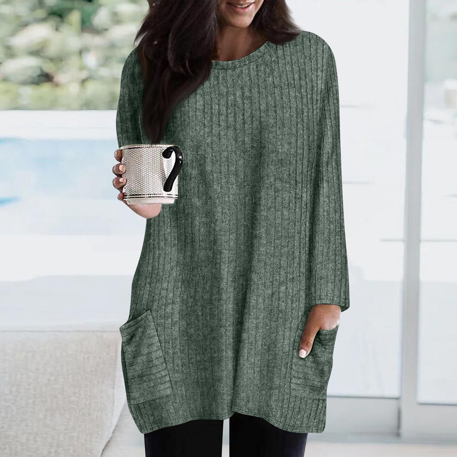 

Свитшоты для женщин с длинным рукавом и круглым вырезом, пуловеры, повседневные однотонные туники с карманами L армия зеленый