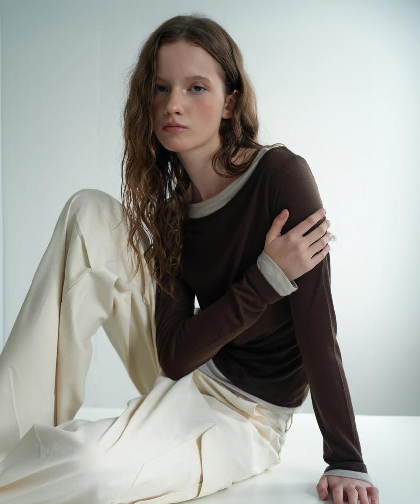 WAARFORWOMAN Wt-100 Color Block Shirred T-Shirt - Brown