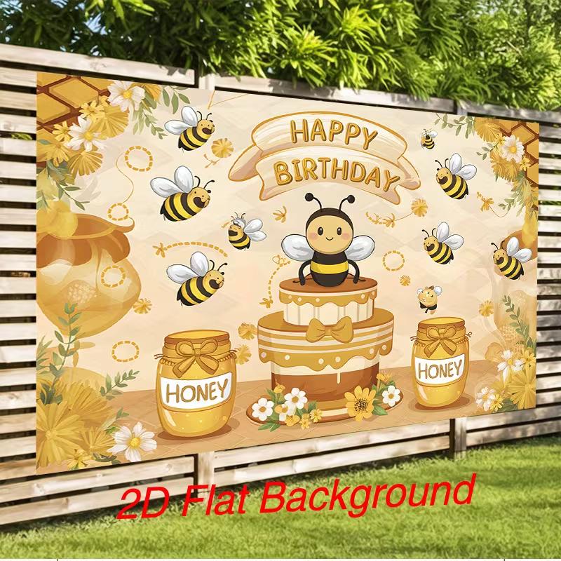 2D Bee Themed Birthday Photography Backdrop Honey Jar Photo Booth Banner