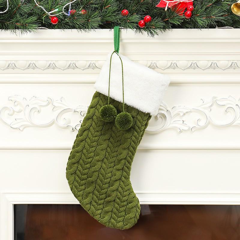 Festive Wool Patchwork Christmas Stocking with Pom-Poms - Red, White, Green Ornament зелёный