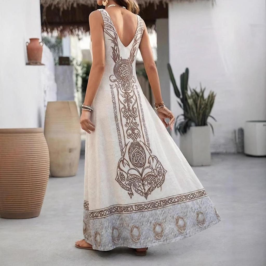 Weißes Bohème V-Ausschnitt Lässiges Urlaubs-Langarmkleid mit Aufdruck