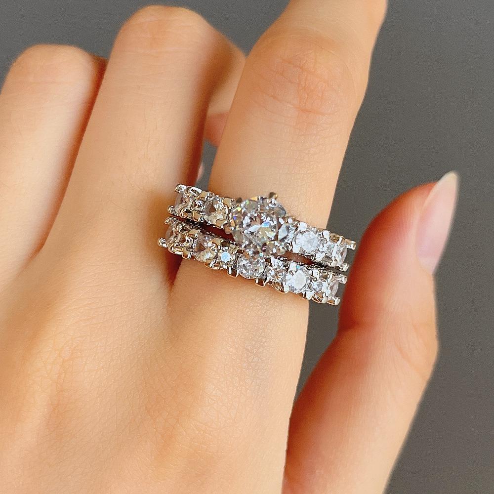 2Pcs/set Luxury Crystal Zircon Wedding Rings For Women Charm copper Color Shiny Engagement Rings Set Jewelry Accessories Gifts