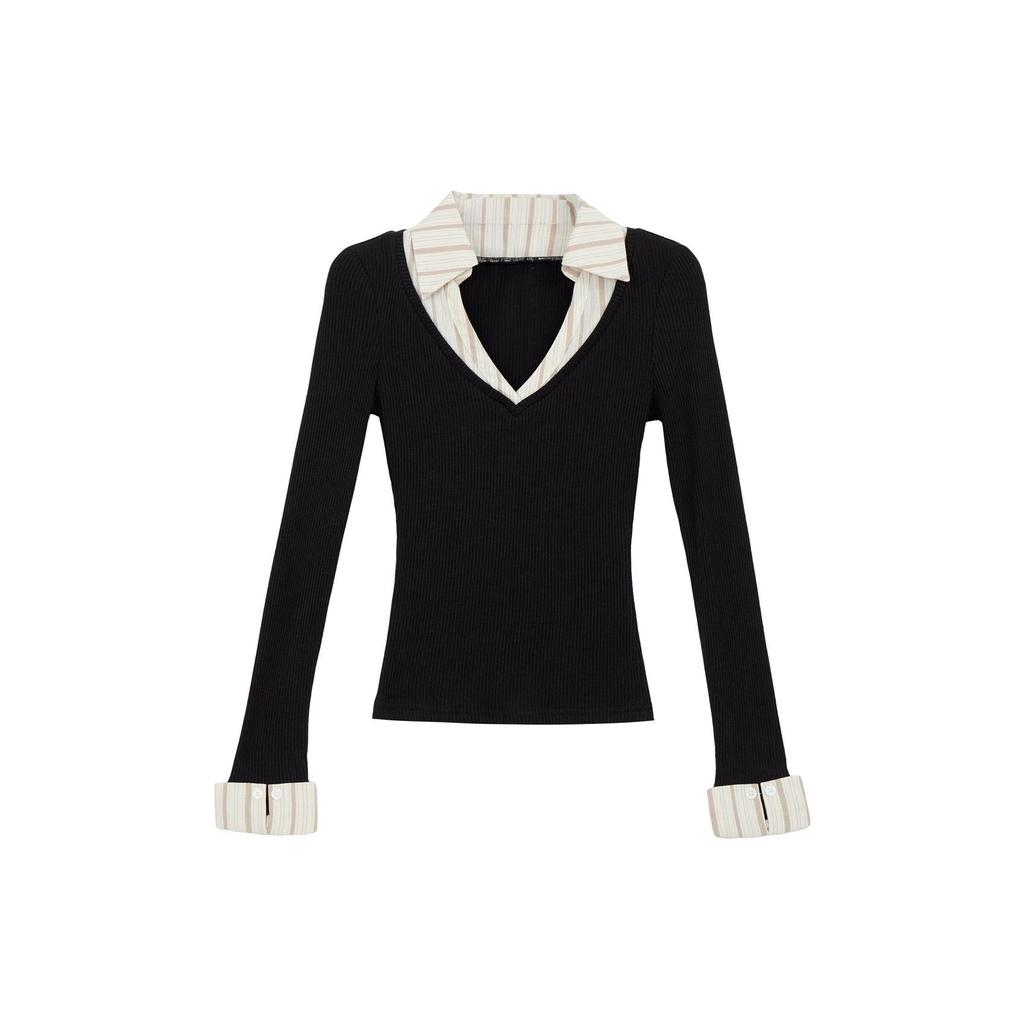 Women's School Style Knit T-Shirt: Peach Heart Design, Fake Two-Piece, Autumn/Winter Fashion
