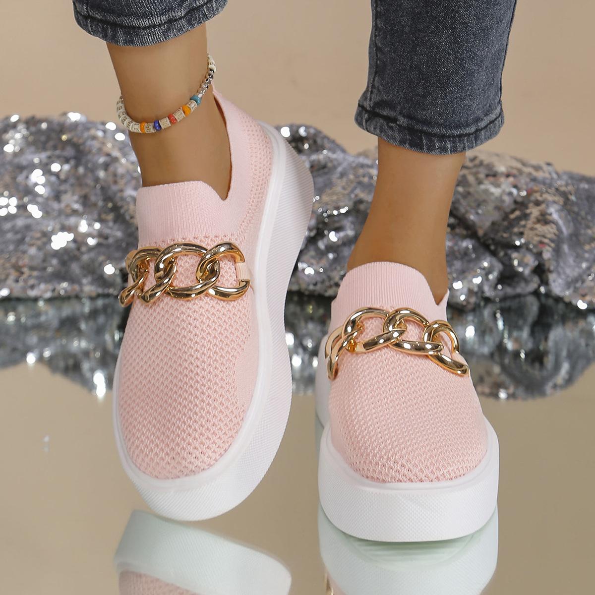 

European and American foreign trade thick-soled fly-woven breathable low-top single shoes women s chain decorative foot cover lazy loafers wish 43 рожевий