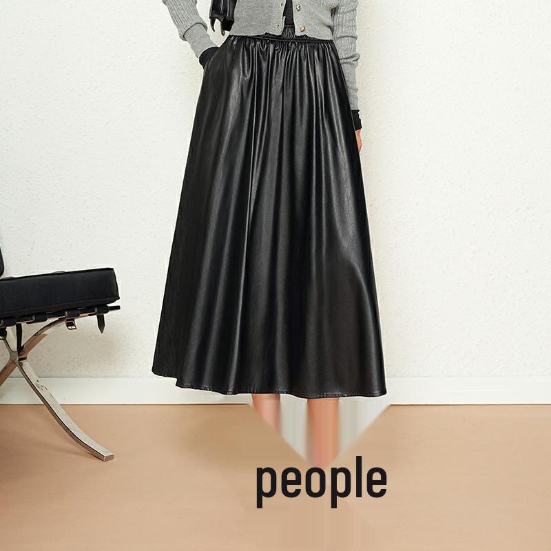 2025 Women's High-Waist Lambskin Leather Midi Skirt - Autumn/Winter Slimming A-Line Fashion
