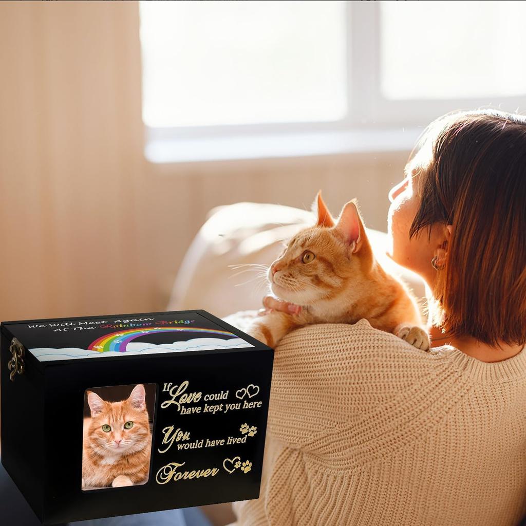Sofunii Pet Urn for Ashes, Solid Wood Memorial Urn for Dogs & Cats, Rainbow Bridge Keepsake Cremation Box with Photo Frame, Pet Loss Remembrance Gift