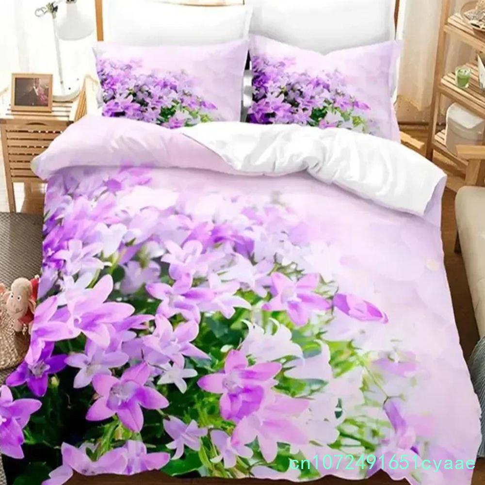 Lila Blumen Königin Bettwäsche Set Für Schlafzimmer Weich Modern Bettüberwürfe Bequem Kinder Bettbezug Steppdeckenbezug Und Kissenbezug