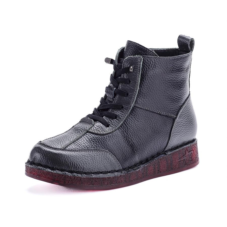 New natural leather ankle boots women lace up winter shoes round toe flat booties woman warm short plush boot lady luxury shoes