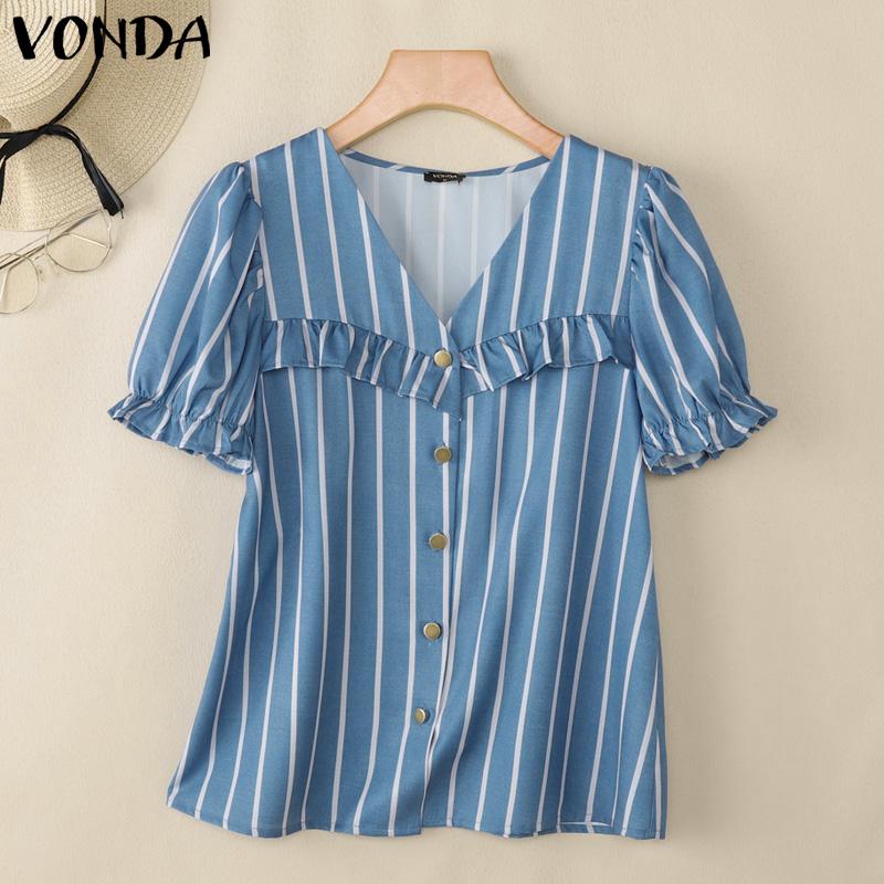 

VONDA Элегантная женская блузка с V-образным вырезом, короткими рукавами, в полоску, с оборками, повседневная L