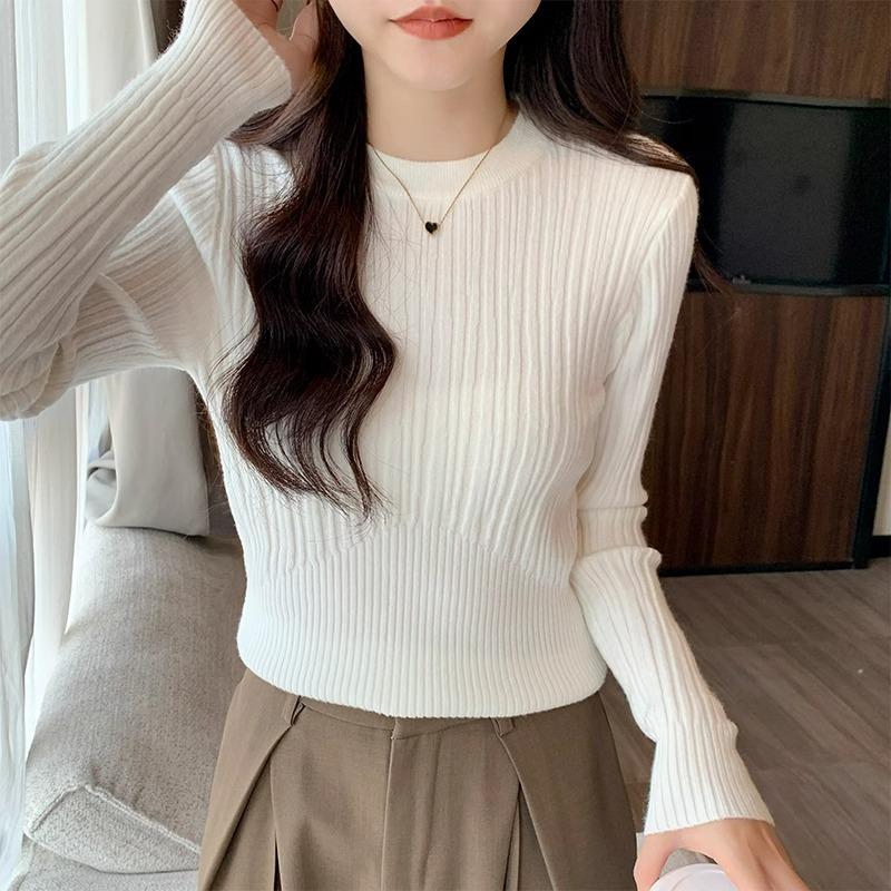 French Gentle Little Fragrance Apricot Color Knitted Bottoming Shirt for Women with Autumn and Winter New Round Neck Slim Short Top Inside the Sweater