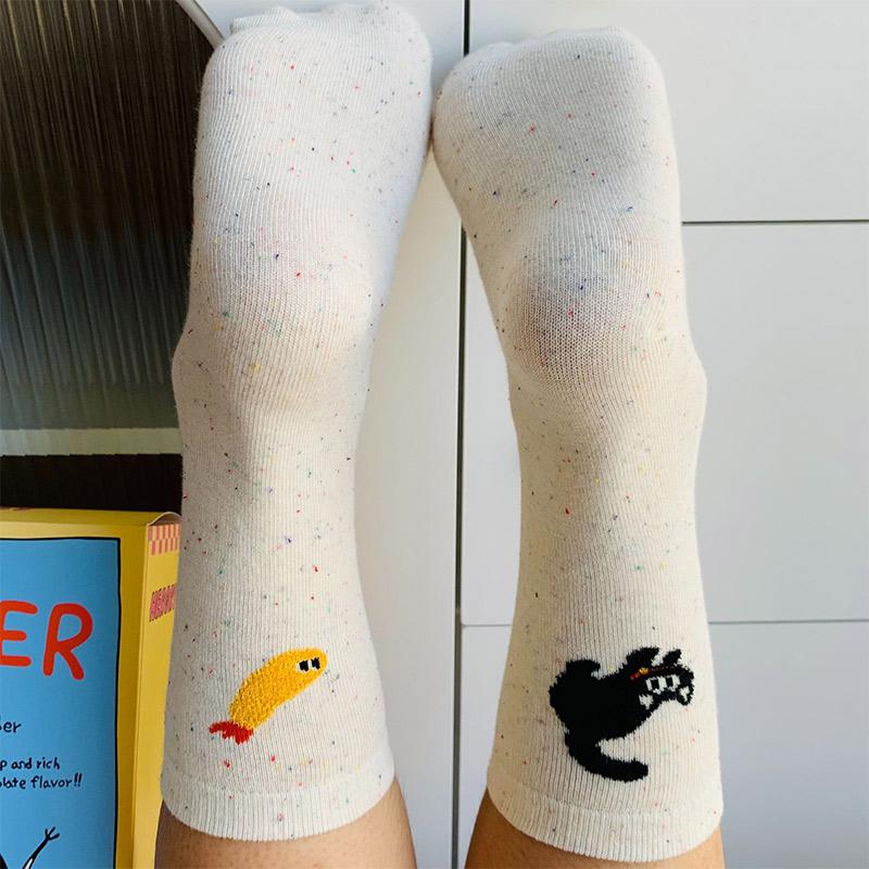 2 Pairs Autumn Vintage Women Cat Fish Printed Socks Cute Cartoon Middle Tube Soft Thermal Warm Crew Sock