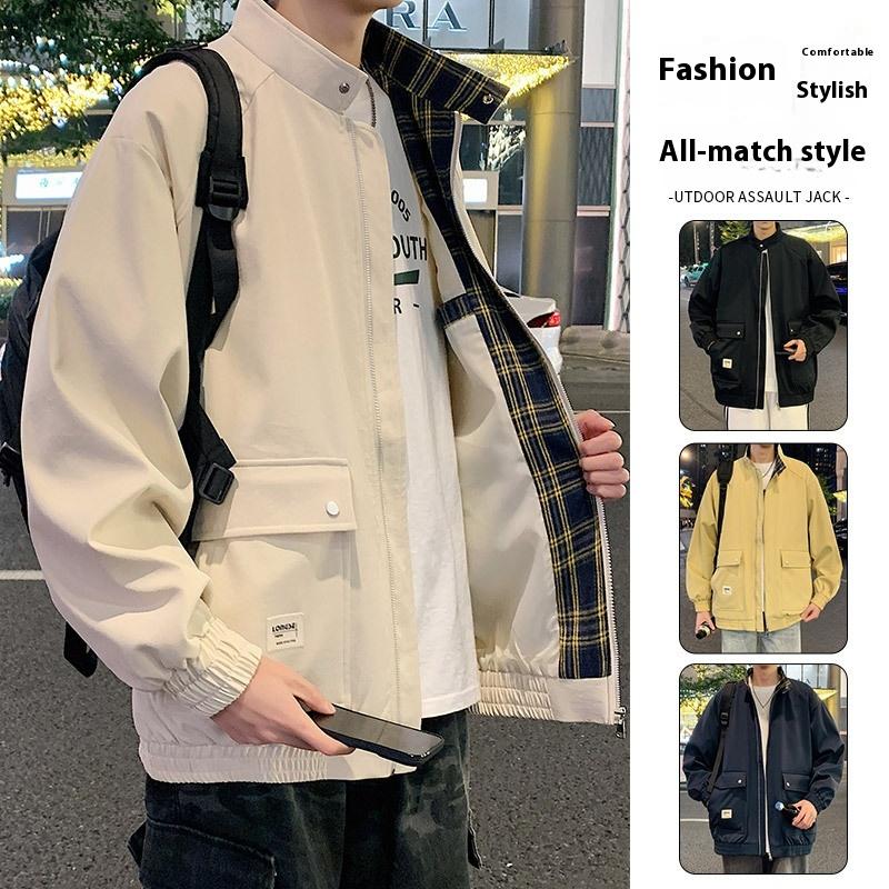 Cozy Up Workwear Jacket Plaid Stand Collar Large Size Loose Plus Size Casual Men's Coat