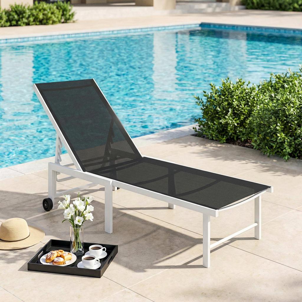 Reclining Outdoor Garden Lounger with Wheels Backrest Adjustable In 5 Positions and Steel Frame 166x60x84 Cm Grey