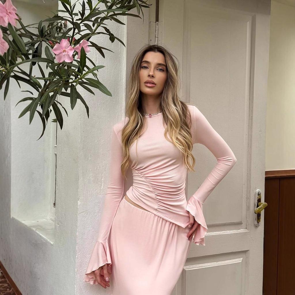2025 Cross-border European and American Autumn New Round Neck Long-sleeved Lotus Leaf Sleeve Pleated Inner Tight Top Hip Skirt