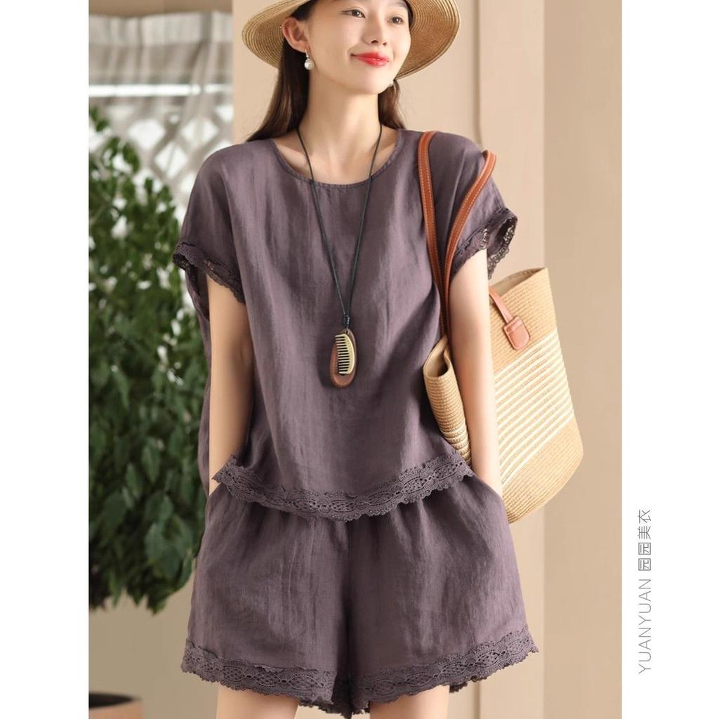 Cotton Linen Lace Trim Set Women's Skirt Suit Ensemble Elastic Material Made in China Versatile Fashionable Ladies Outfit