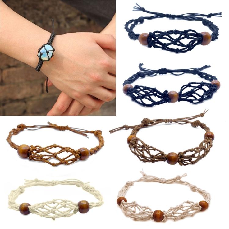Crystal Holder Bracelet Adjustable Rope Bracelet Cord Handmade Woven Netted Cage