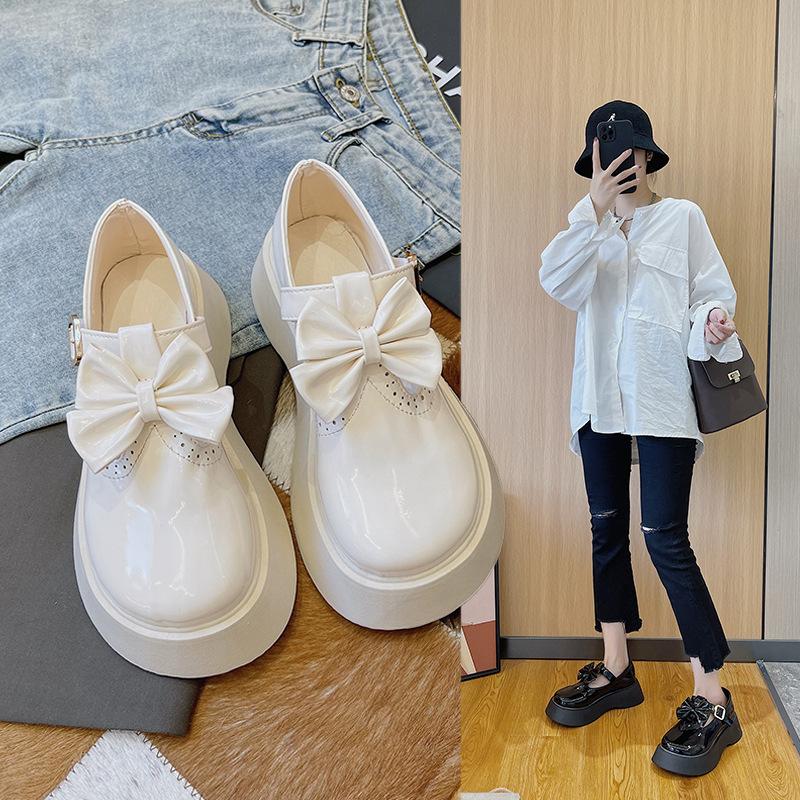 Damskie Modne Skórzane Buty na Platformie Urocza Kokardka Codzienne Buty do Chodzenia Buty Księżniczki