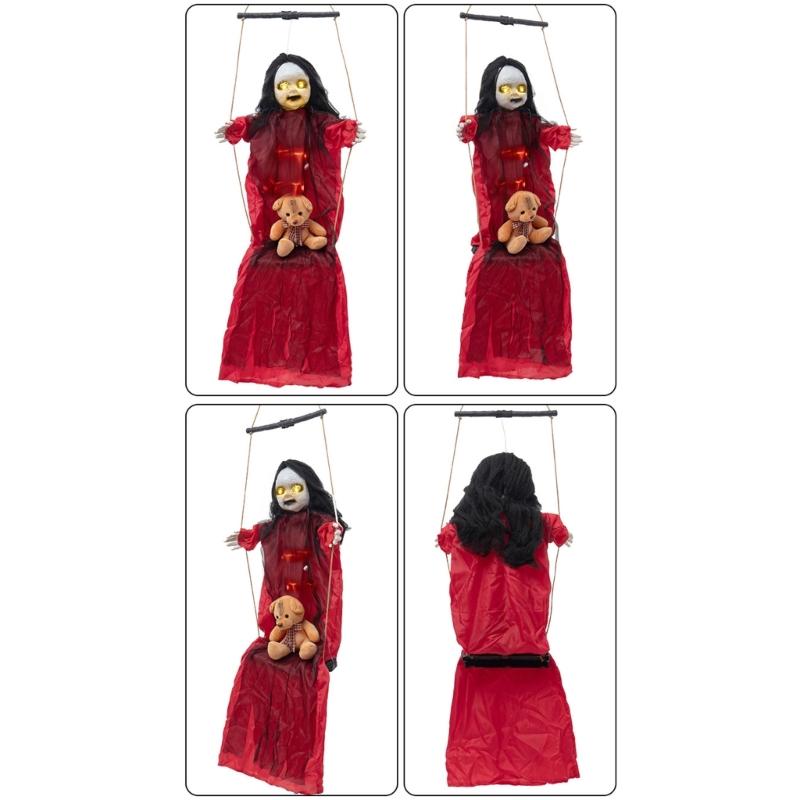 Halloween Hängende Mädchenfigur mit beleuchtetem Gesichtsdetail, Seilschaukel-Dekoration für Veranda-Eingang, Partybereich, Gartenakzent