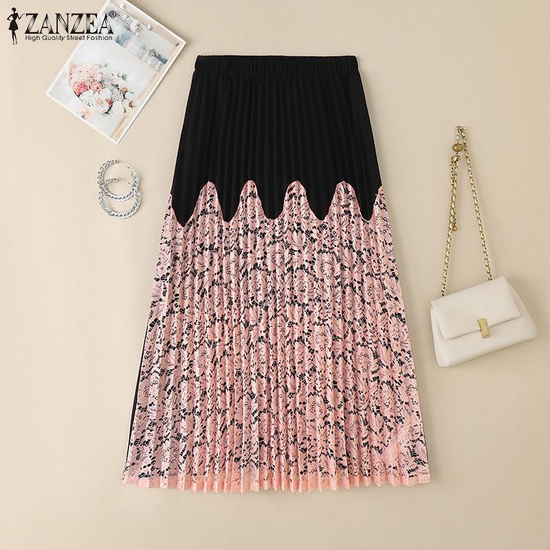 ZANZEA Women Elastic Waist Front Lace Patchwork Casual Pleated Skirts