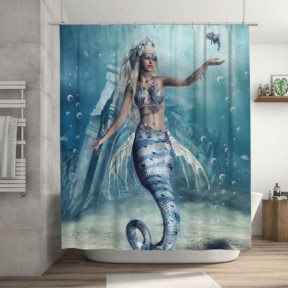 Underwater Mermaid Bathing Suit Shower Curtain Set for Bathroom Decor – Blue White Artistic Print Indoor Waterproof Home Decorat