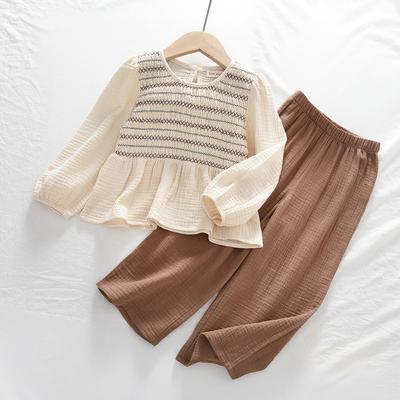 Girls' Beige Bubble Sleeve Top & Brown Pants Cotton Two-Piece Set - Spring/Autumn 2025