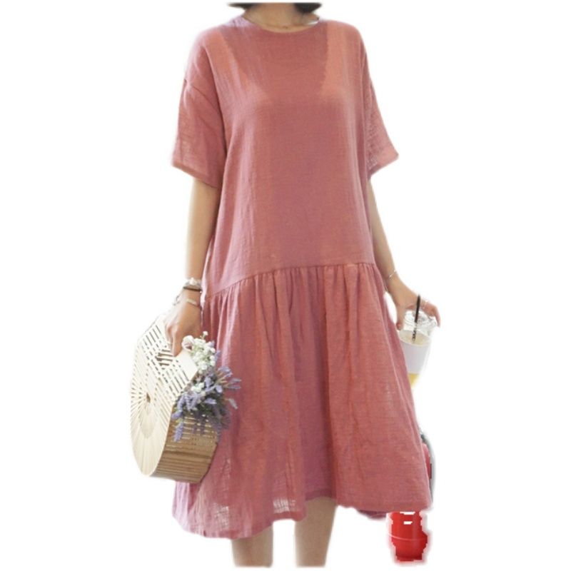 Kong Style Plus Size Women's Clothing Leather Pink with Round Neck Cotton and Linen Simplicity Casual Mid Length Long Length Short Sleeve Dress Dress