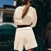 Women's Two-piece Set With Mid Sleeve V-neck Striped Knit Top, High Waisted Shorts, Casual Suit