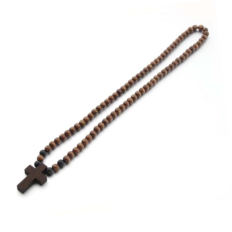 Classic Natural Wood Beads Crucifix Pendant Necklace for Men Women Religious Rosary Jewelry Handmade Prayer Accessories