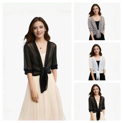 Shawl Veste Cardigan Filet Style Court Couche Extérieure Protection Solaire Été Respirant pour Femmes avec Fil Doré et Argenté