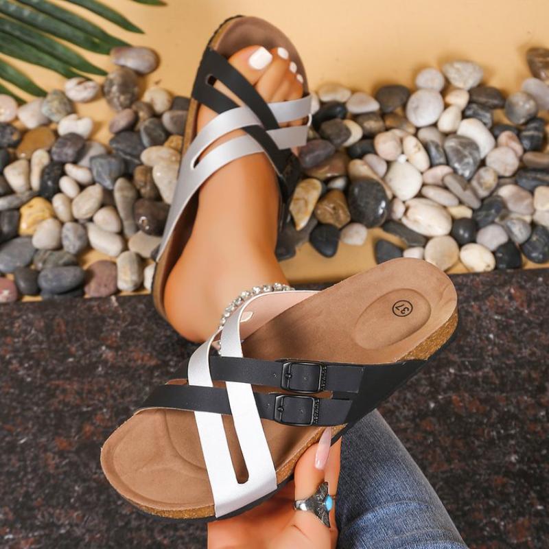 Fashion Narrow Band Cork Sandals Women Movable Square Buckle Slippers Solid/mixed Colors Cut-out Women and Men Lovers Sandales Femme