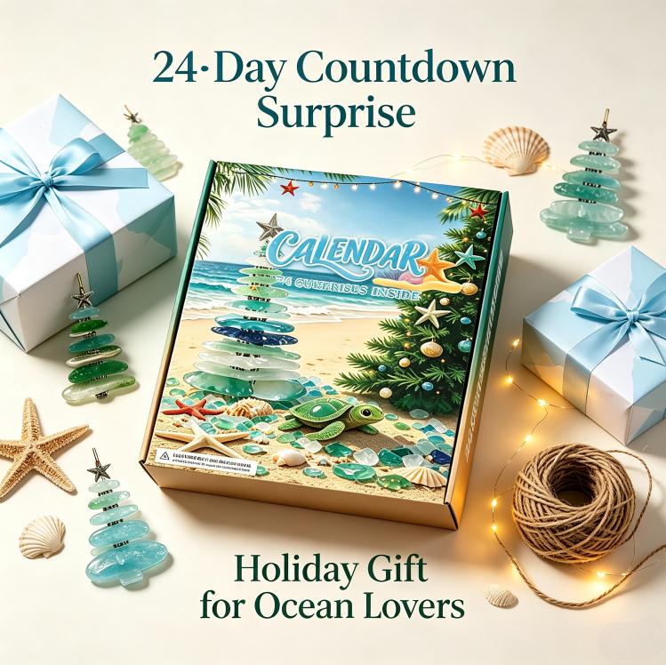 Christmas Ocean-Themed 24-Day Calendar Mystery Box Sea Glass Style Acrylic Christmas Tree Ornament Blind Box Light Blue