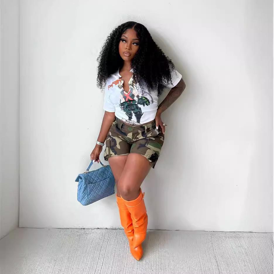 2023 Sommer Damen Camouflage Print Aufgesetzte Taschen Arbeitskleidung Shorts