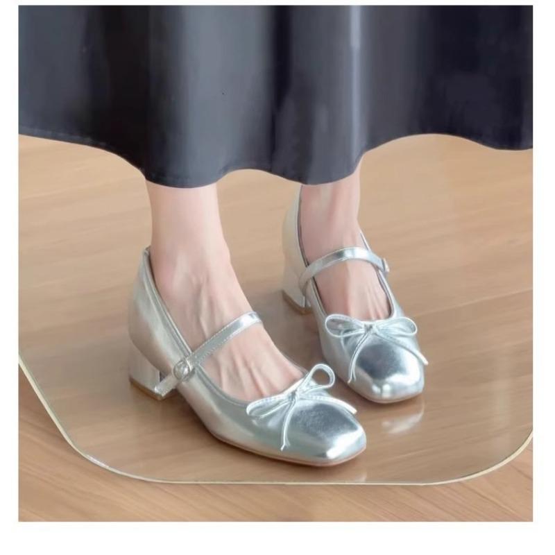 One-word Buckle Inner Height Increase Single Shoes Women's New Autumn Silver Small Thick Heel Mary Jane Small Leather Shoes