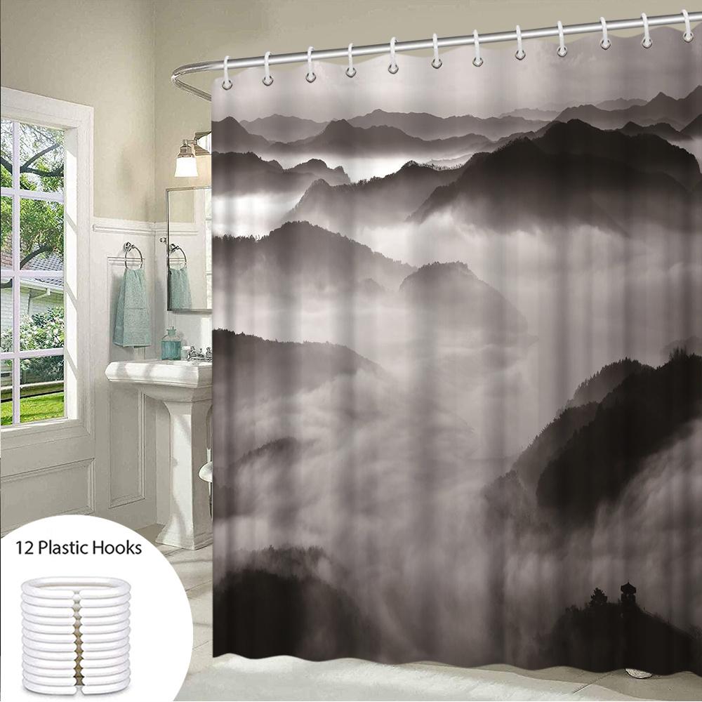1pc Mountain Landscape Shower Curtain - Black & White Misty Hills, Fog Valleys & Traditional Pavilion Design, Durable Polyester