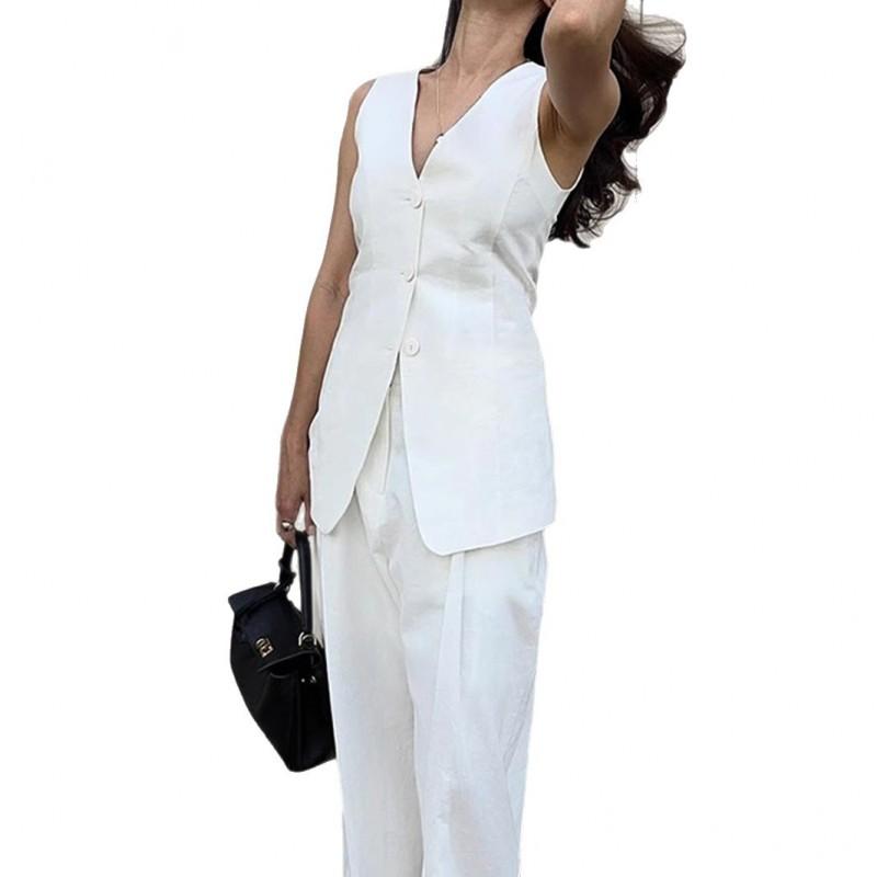Womens V-Neck Sleeveless Vest Pants Set Cotton Linen Blend Office Workwear Solid Color Fashion Casual Two-Piece Outfit
