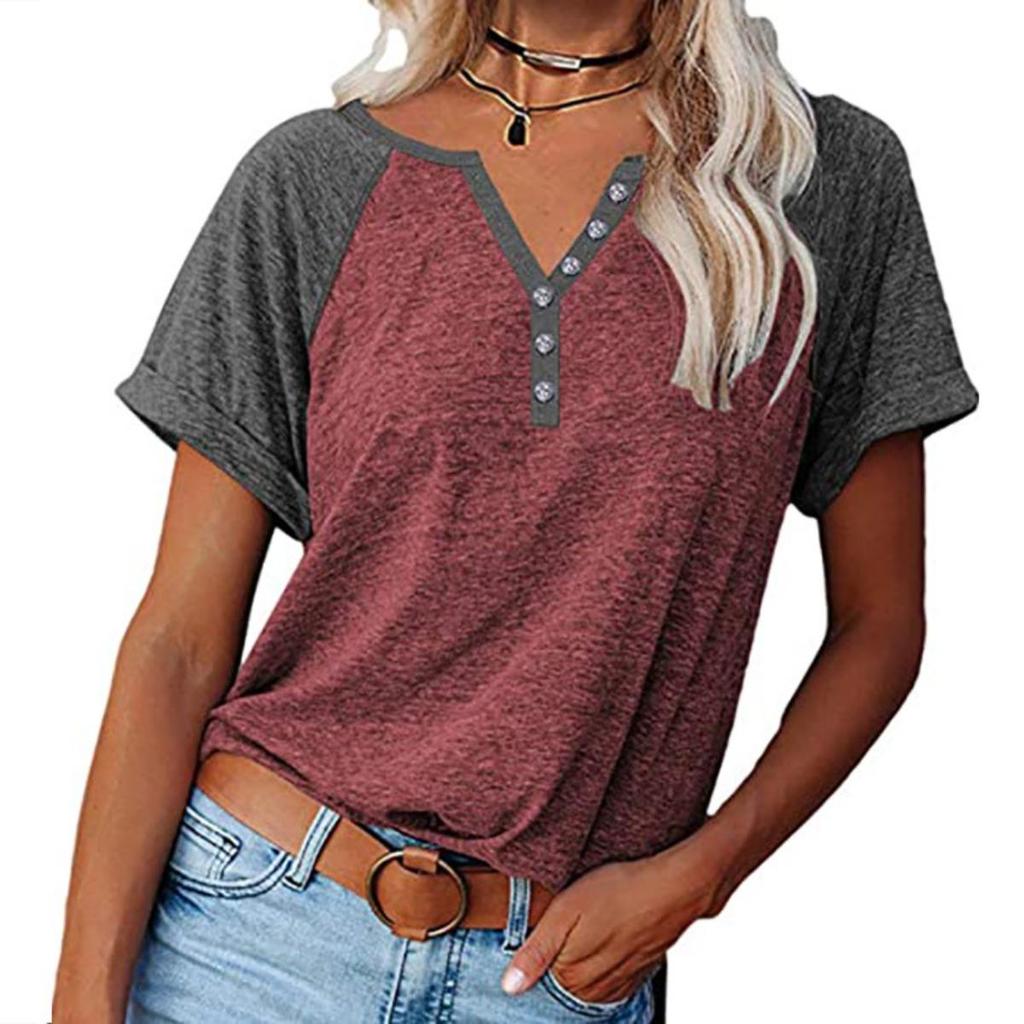 Loose Women's Short Sleeve V-Neck Color Block Casual T-shirt Button Decor Top